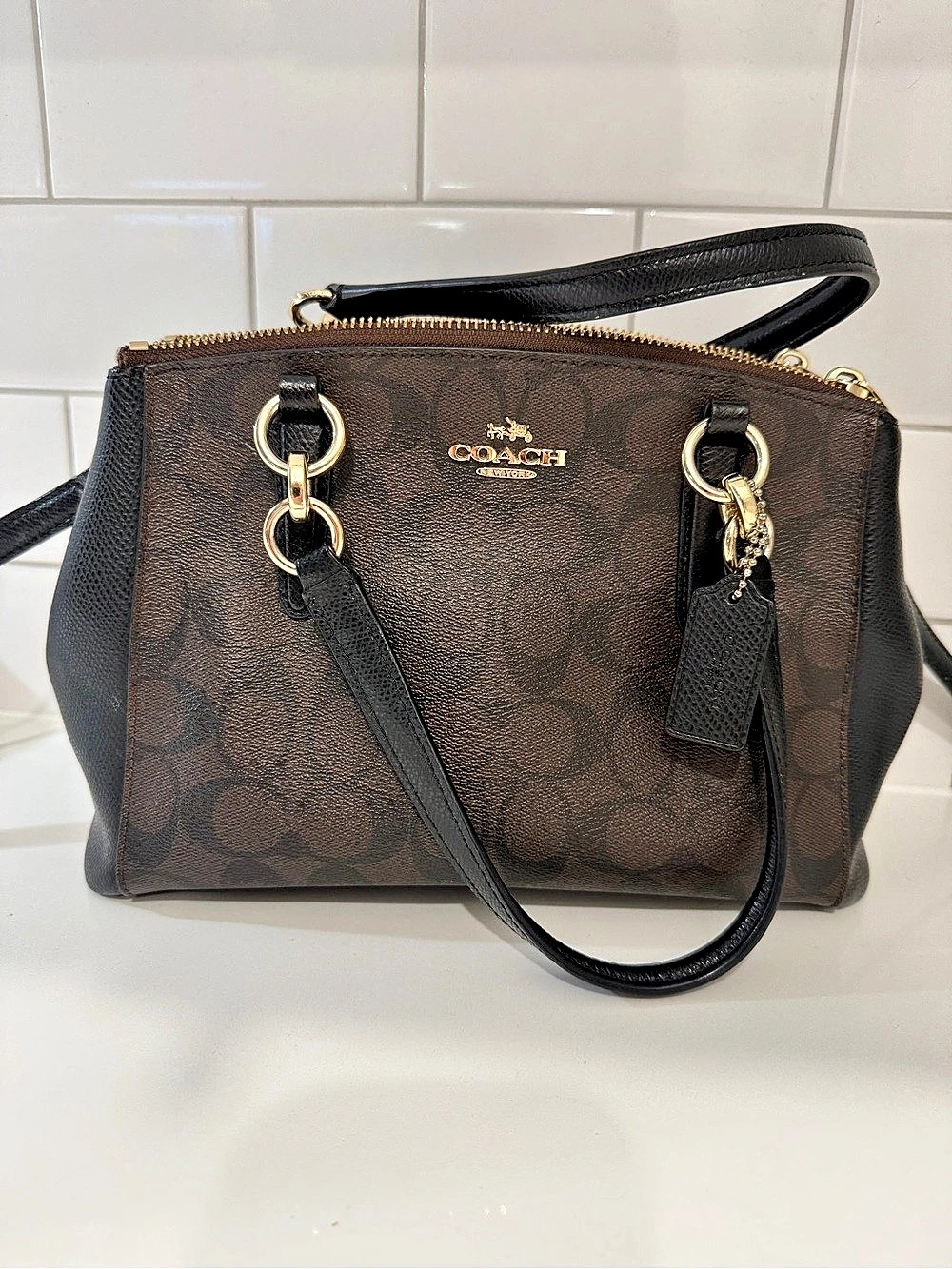 Coach Rowan Satchel in Signature Canvas Brown & Black Shoulder Bag